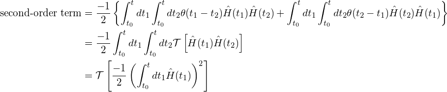 \begin{align*} \text{second-order term}&=\frac{-1}{2}\left\{ \int_{t_0}^t dt_1\int_{t_0}^{t}dt_2\theta(t_1-t_2)\hat{H}(t_1)\hat{H}(t_2)+ \int_{t_0}^t dt_1\int_{t_0}^{t}dt_2\theta(t_2-t_1)\hat{H}(t_2)\hat{H}(t_1) \right\}\\ &=\frac{-1}{2} \int_{t_0}^t dt_1\int_{t_0}^{t}dt_2\mathcal{T}\left[\hat{H}(t_1)\hat{H}(t_2)\right]\\ &=\mathcal{T}\left[\frac{-1}{2} \left(\int_{t_0}^t dt_1\hat{H}(t_1)\right)^2\right] \end{align*}